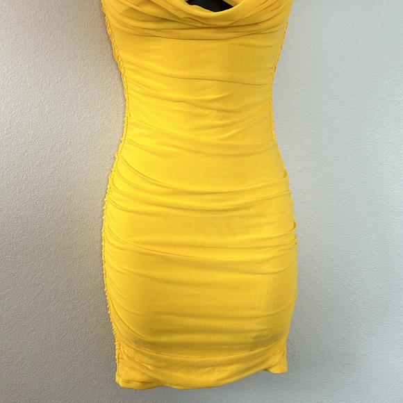 Oh Polly Cabana Collection Yellow Ruched Cowl Neck Mini Dress - Picture 5 of 10